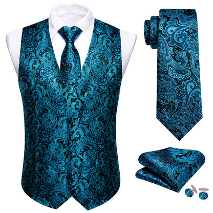 New Blue Paisley Jacquard Silk Men's Vest Set vest set    - Sophisticated Gentlemen