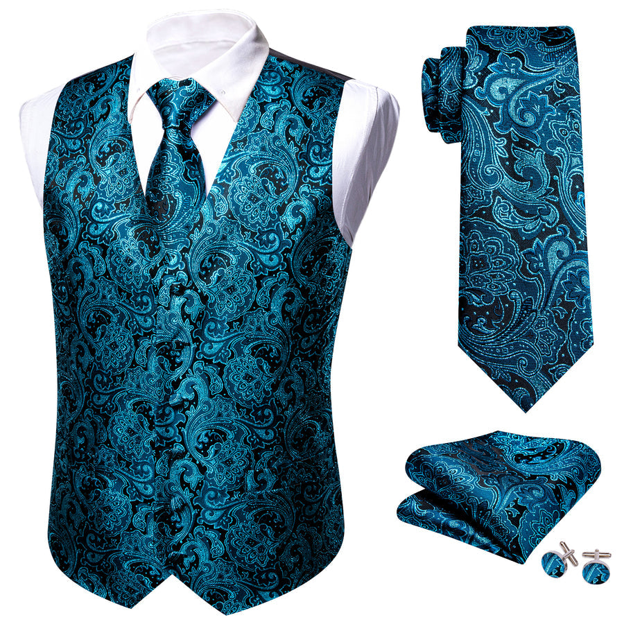 New Blue Paisley Jacquard Silk Men's Vest Set vest set    - Sophisticated Gentlemen