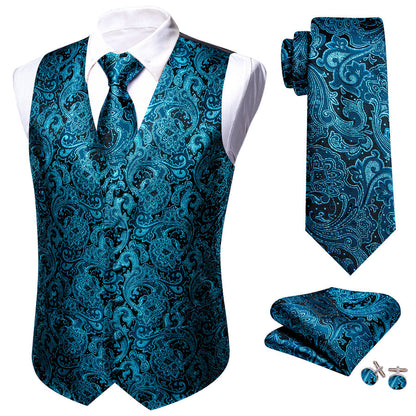 New Blue Paisley Jacquard Silk Men's Vest Set vest set    - Sophisticated Gentlemen