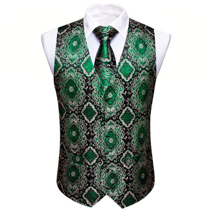 Black Green Novelty Jacquard Silk Men's Vest Set vest set    - Sophisticated Gentlemen
