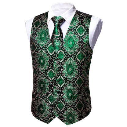 Black Green Novelty Jacquard Silk Men's Vest Set vest set    - Sophisticated Gentlemen