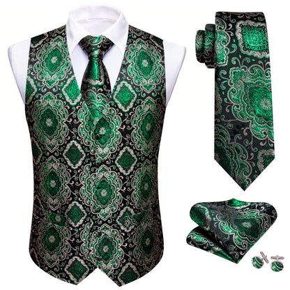 Black Green Novelty Jacquard Silk Men's Vest Set vest set    - Sophisticated Gentlemen