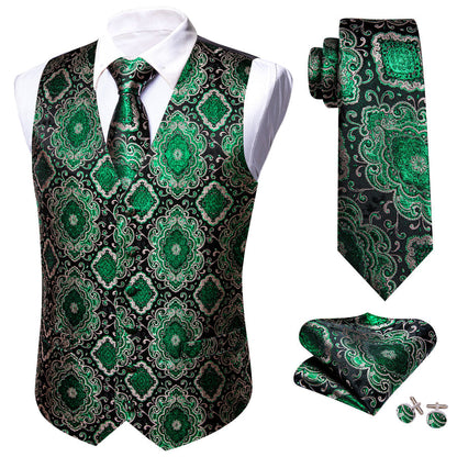 Black Green Novelty Jacquard Silk Men's Vest Set vest set    - Sophisticated Gentlemen