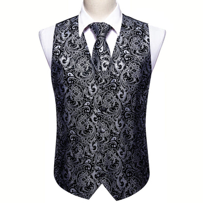 New Black Grey Paisley Jacquard Silk Vest Set vest set    - Sophisticated Gentlemen