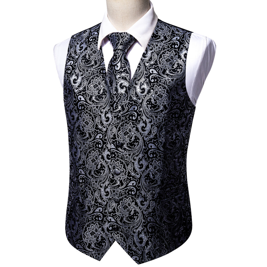New Black Grey Paisley Jacquard Silk Vest Set vest set    - Sophisticated Gentlemen