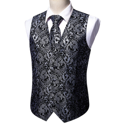 New Black Grey Paisley Jacquard Silk Vest Set vest set    - Sophisticated Gentlemen