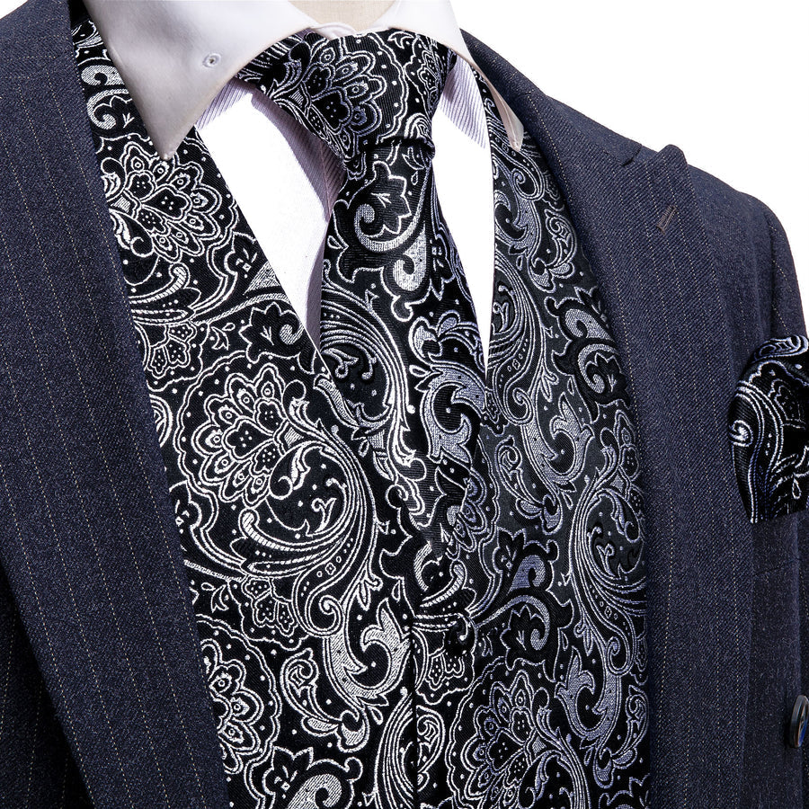 New Black Grey Paisley Jacquard Silk Vest Set vest set S (Chest 40")   - Sophisticated Gentlemen