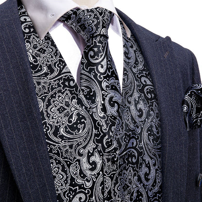New Black Grey Paisley Jacquard Silk Vest Set vest set S (Chest 40")   - Sophisticated Gentlemen