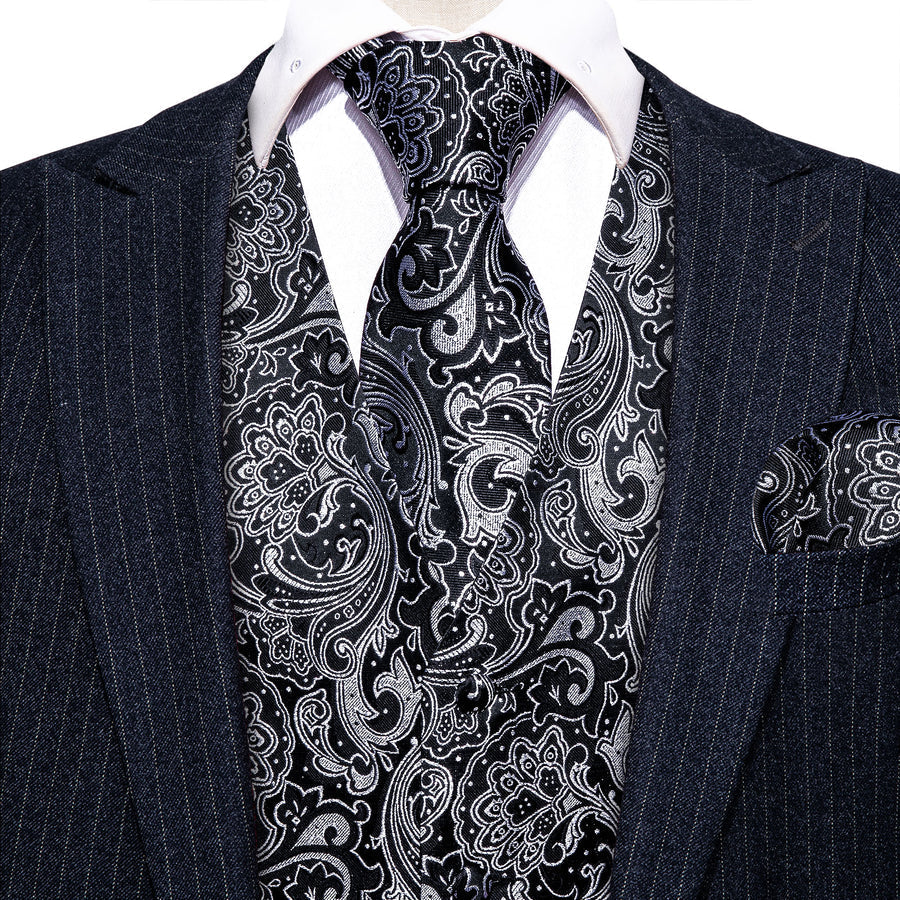 New Black Grey Paisley Jacquard Silk Vest Set vest set    - Sophisticated Gentlemen