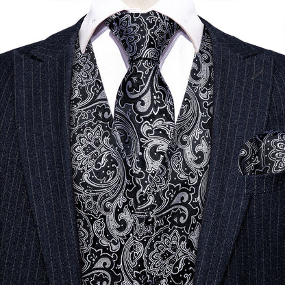 New Black Grey Paisley Jacquard Silk Vest Set vest set    - Sophisticated Gentlemen