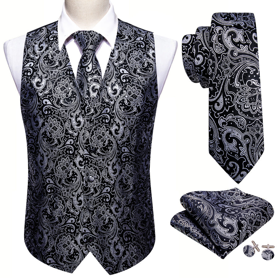 New Black Grey Paisley Jacquard Silk Vest Set vest set    - Sophisticated Gentlemen