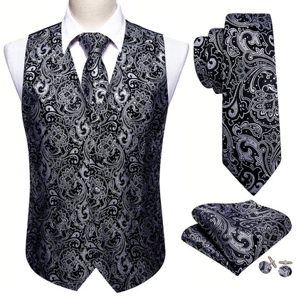 New Black Grey Paisley Jacquard Silk Vest Set vest set    - Sophisticated Gentlemen