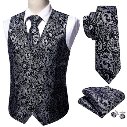 New Black Grey Paisley Jacquard Silk Vest Set vest set    - Sophisticated Gentlemen