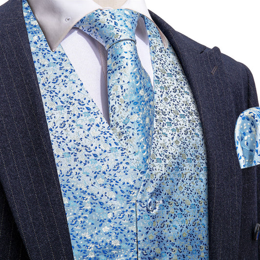 Baby Blue Floral Jacquard Silk Vest Set vest set S (Chest 40")   - Sophisticated Gentlemen