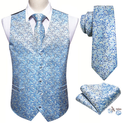 Baby Blue Floral Jacquard Silk Vest Set vest set    - Sophisticated Gentlemen