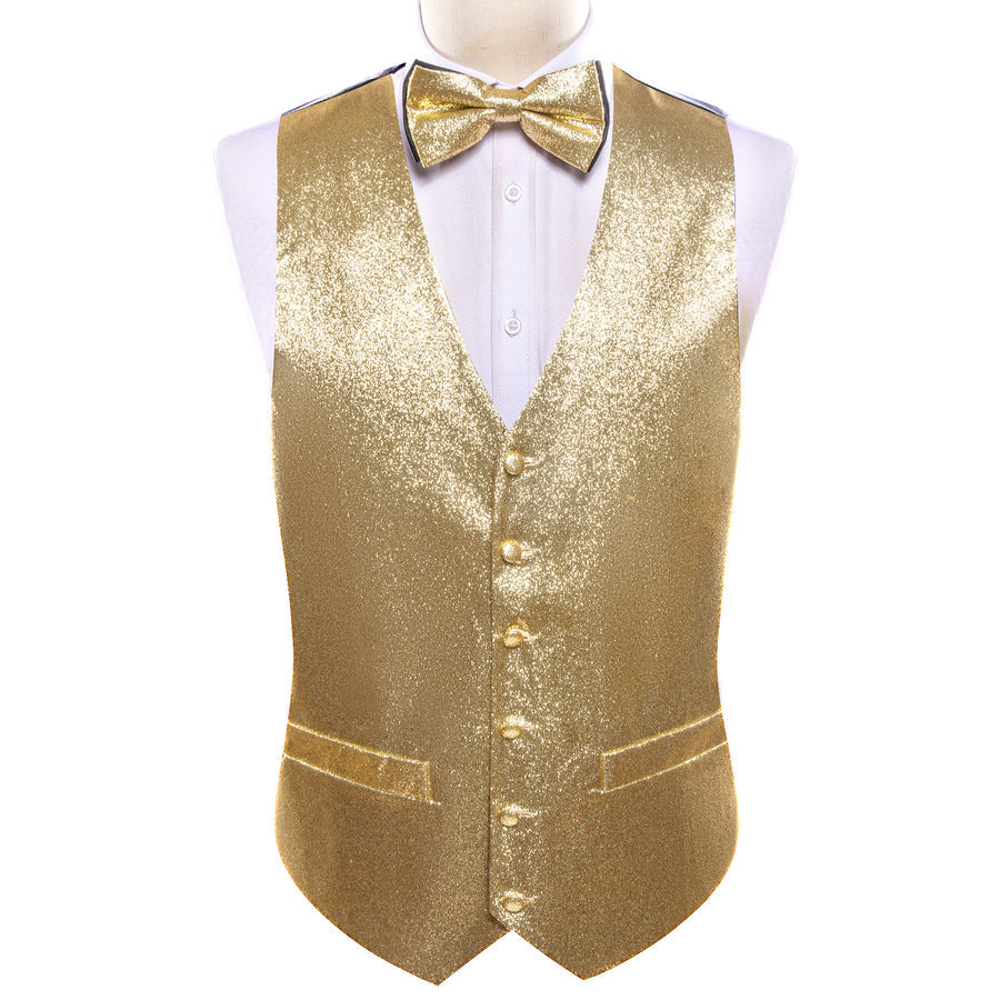 Shining Champagne Glitter Solid Jacquard Silk Men's Bowtie Vest Set vest set    - Sophisticated Gentlemen