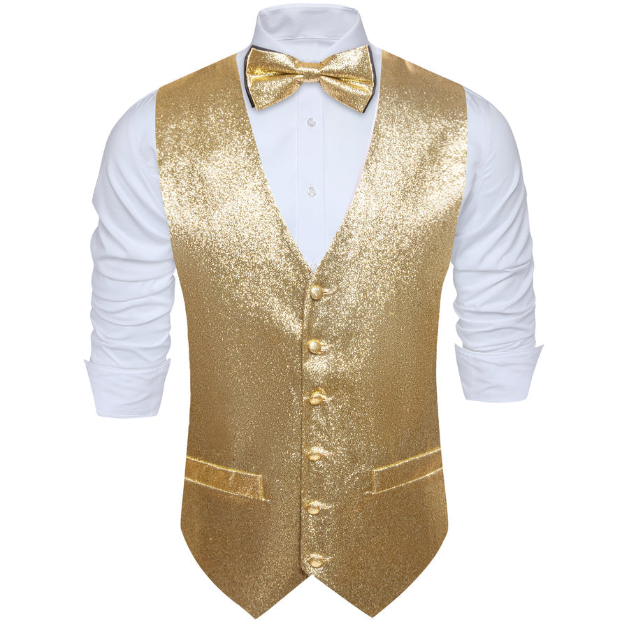 Shining Champagne Glitter Solid Jacquard Silk Men's Bowtie Vest Set vest set    - Sophisticated Gentlemen