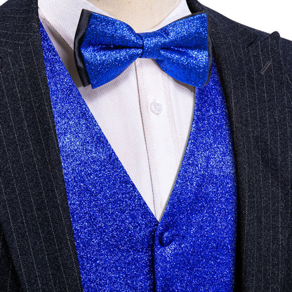 Shining Blue Glitter Solid Jacquard Silk Men's Bowtie Vest Set vest set S (Chest 40")   - Sophisticated Gentlemen