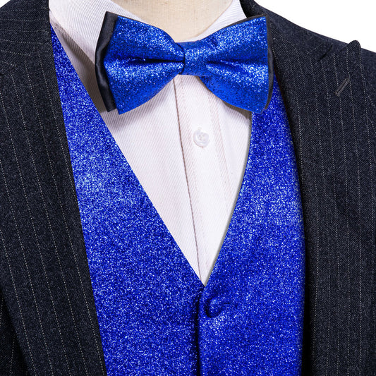 Shining Blue Glitter Solid Jacquard Silk Men's Bowtie Vest Set vest set S (Chest 40")   - Sophisticated Gentlemen