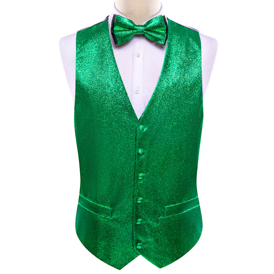 Shining Green Glitter Solid Jacquard Silk Vest Set vest set    - Sophisticated Gentlemen