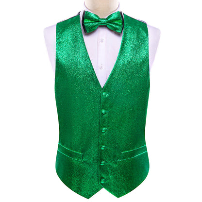 Shining Green Glitter Solid Jacquard Silk Vest Set vest set    - Sophisticated Gentlemen