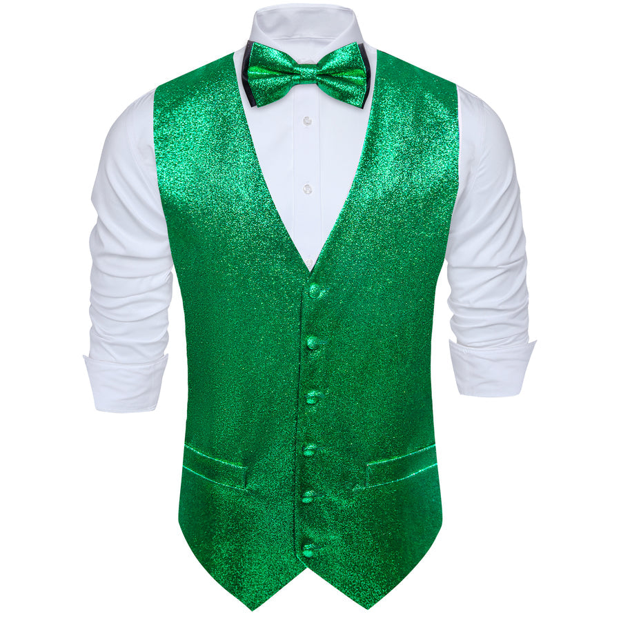 Shining Green Glitter Solid Jacquard Silk Vest Set vest set    - Sophisticated Gentlemen