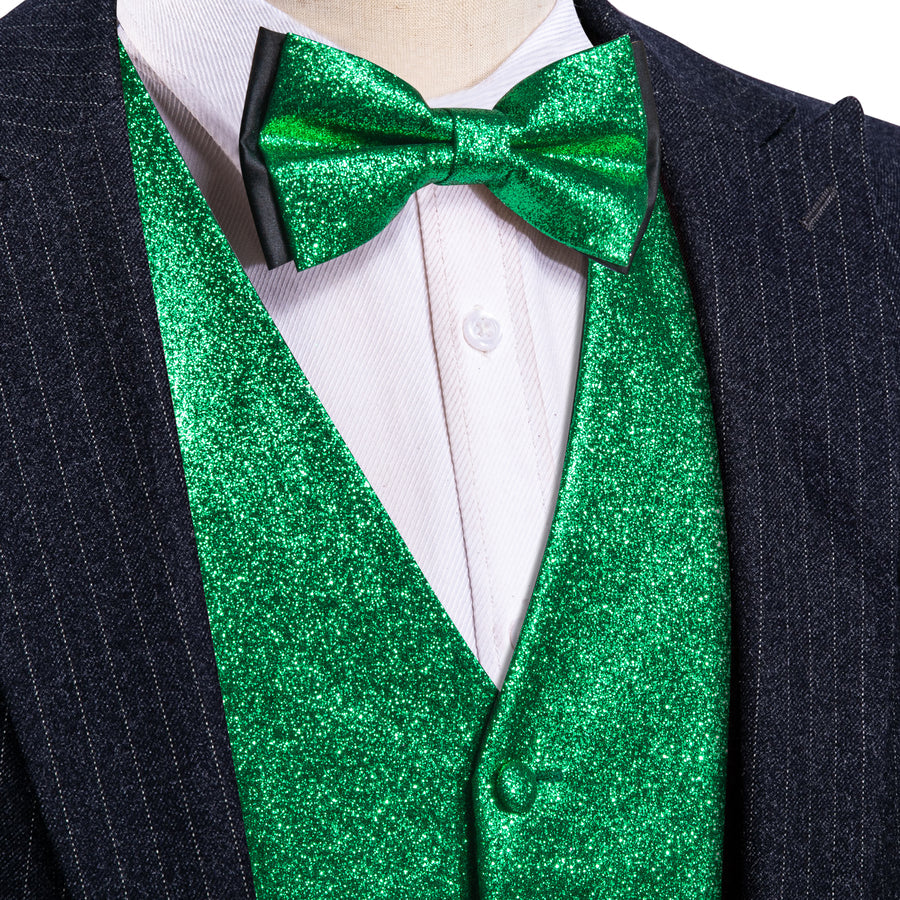 Shining Green Glitter Solid Jacquard Silk Vest Set vest set S (Chest 40")   - Sophisticated Gentlemen