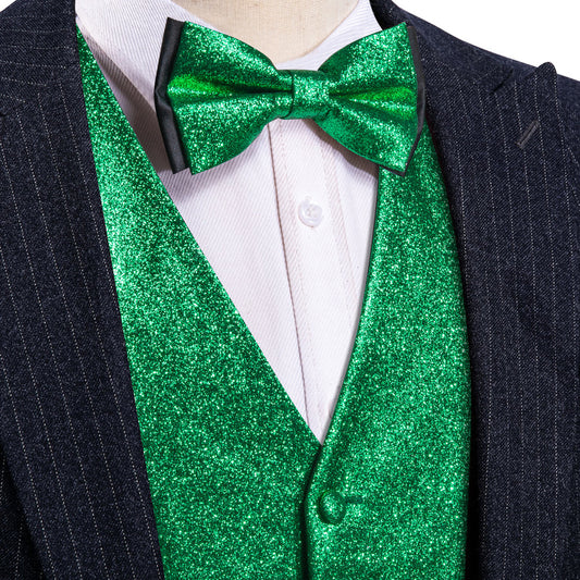 Shining Green Glitter Solid Jacquard Silk Vest Set vest set S (Chest 40")   - Sophisticated Gentlemen