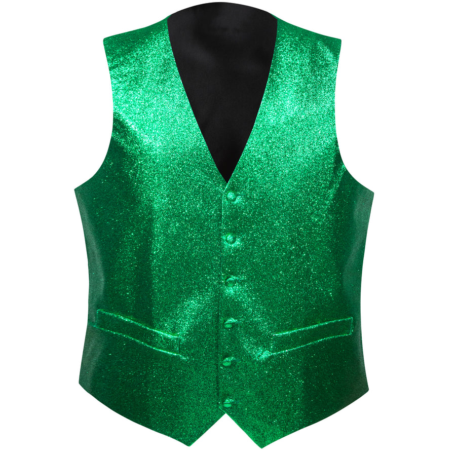 Shining Green Glitter Solid Jacquard Silk Vest Set vest set    - Sophisticated Gentlemen