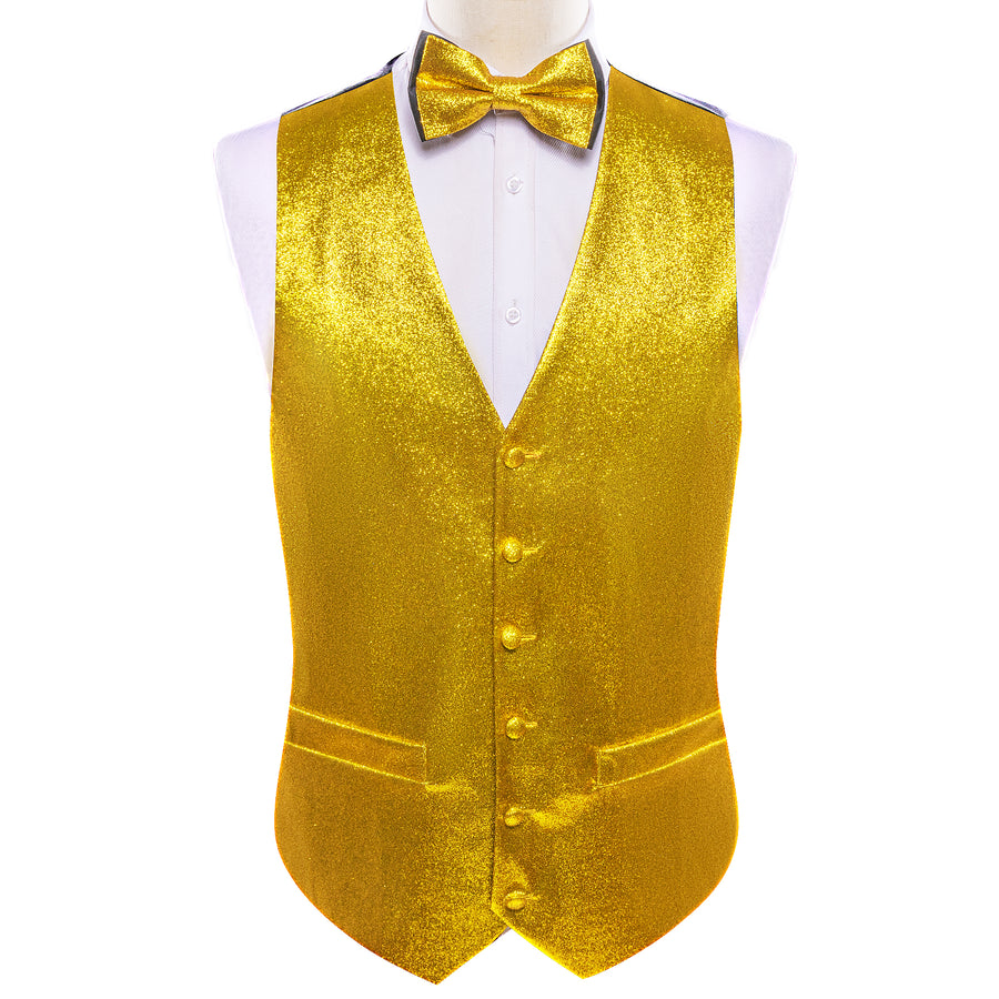 Shining Golden Glitter Solid Jacquard Silk Vest Set vest set    - Sophisticated Gentlemen