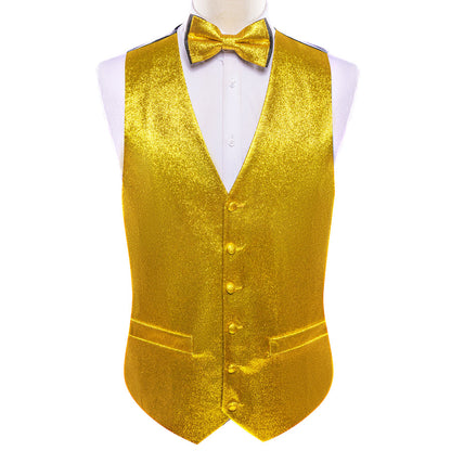 Shining Golden Glitter Solid Jacquard Silk Vest Set vest set    - Sophisticated Gentlemen