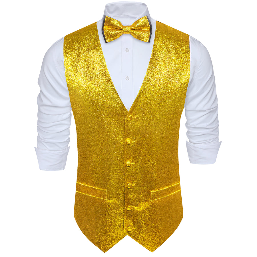 Shining Golden Glitter Solid Jacquard Silk Vest Set vest set    - Sophisticated Gentlemen