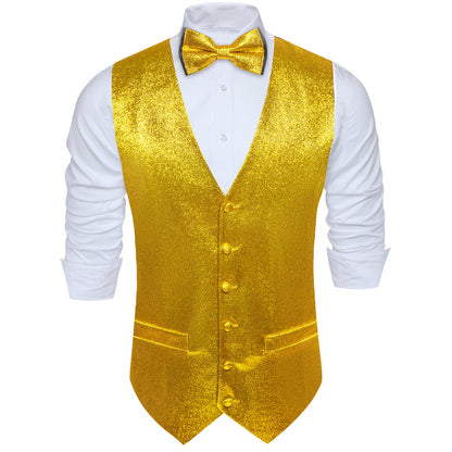 Shining Golden Glitter Solid Jacquard Silk Vest Set vest set    - Sophisticated Gentlemen