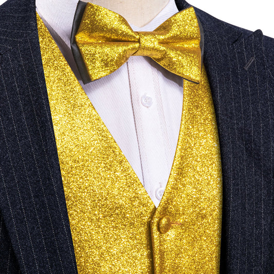 Shining Golden Glitter Solid Jacquard Silk Vest Set vest set S (Chest 40")   - Sophisticated Gentlemen