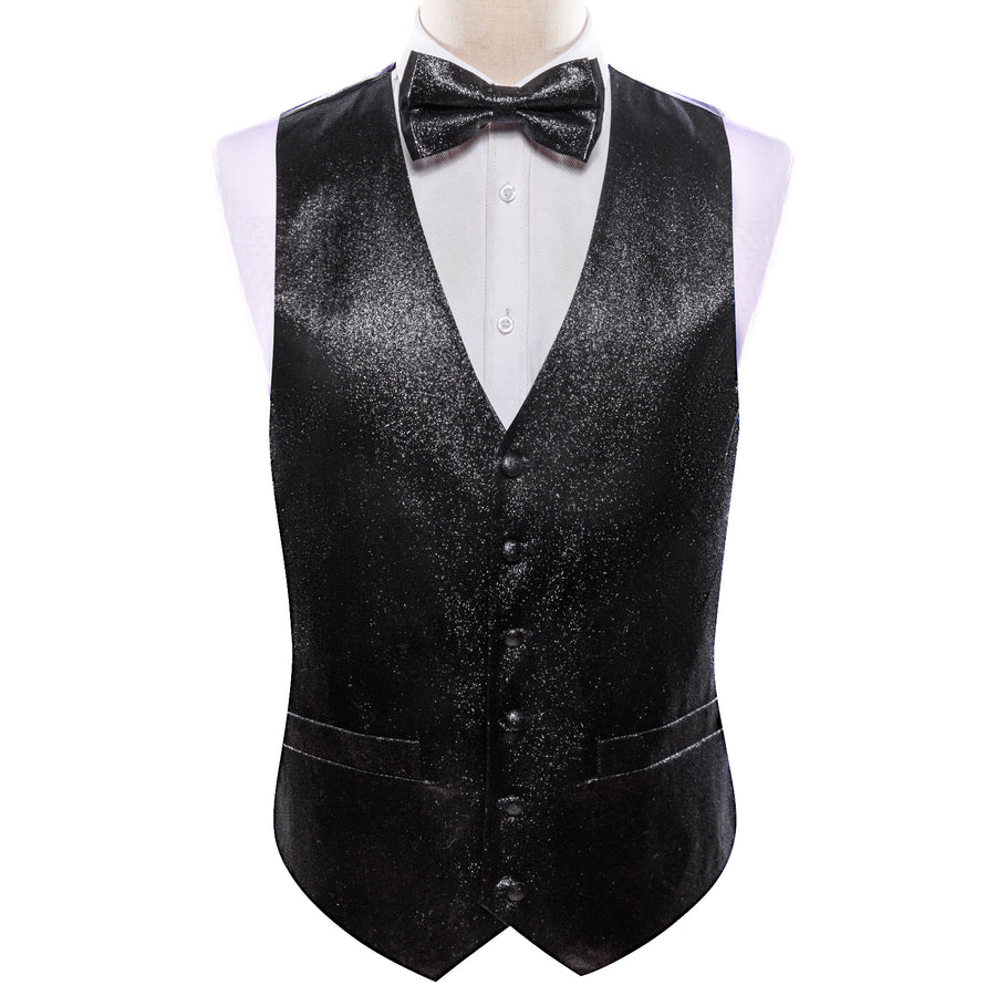 Shining Black Glitter Solid Jacquard Silk Vest Set vest set    - Sophisticated Gentlemen