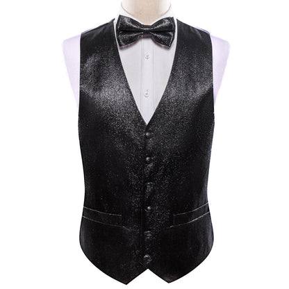 Shining Black Glitter Solid Jacquard Silk Vest Set vest set    - Sophisticated Gentlemen