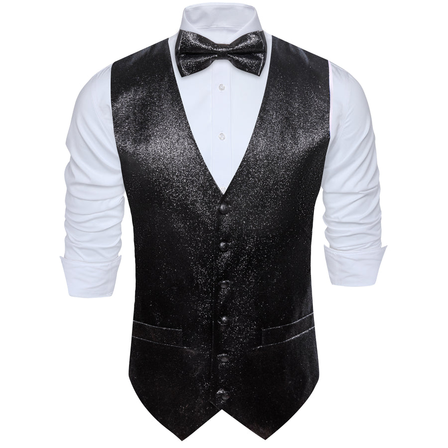 Shining Black Glitter Solid Jacquard Silk Vest Set vest set    - Sophisticated Gentlemen