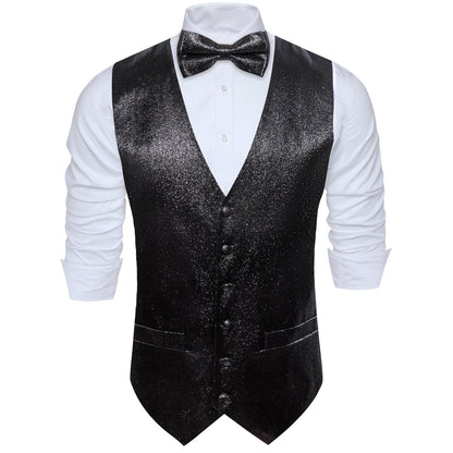 Shining Black Glitter Solid Jacquard Silk Vest Set vest set    - Sophisticated Gentlemen