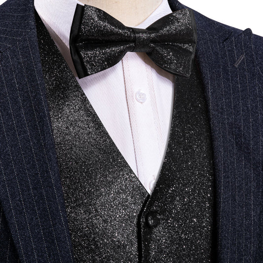 Shining Black Glitter Solid Jacquard Silk Vest Set vest set S (Chest 40")   - Sophisticated Gentlemen