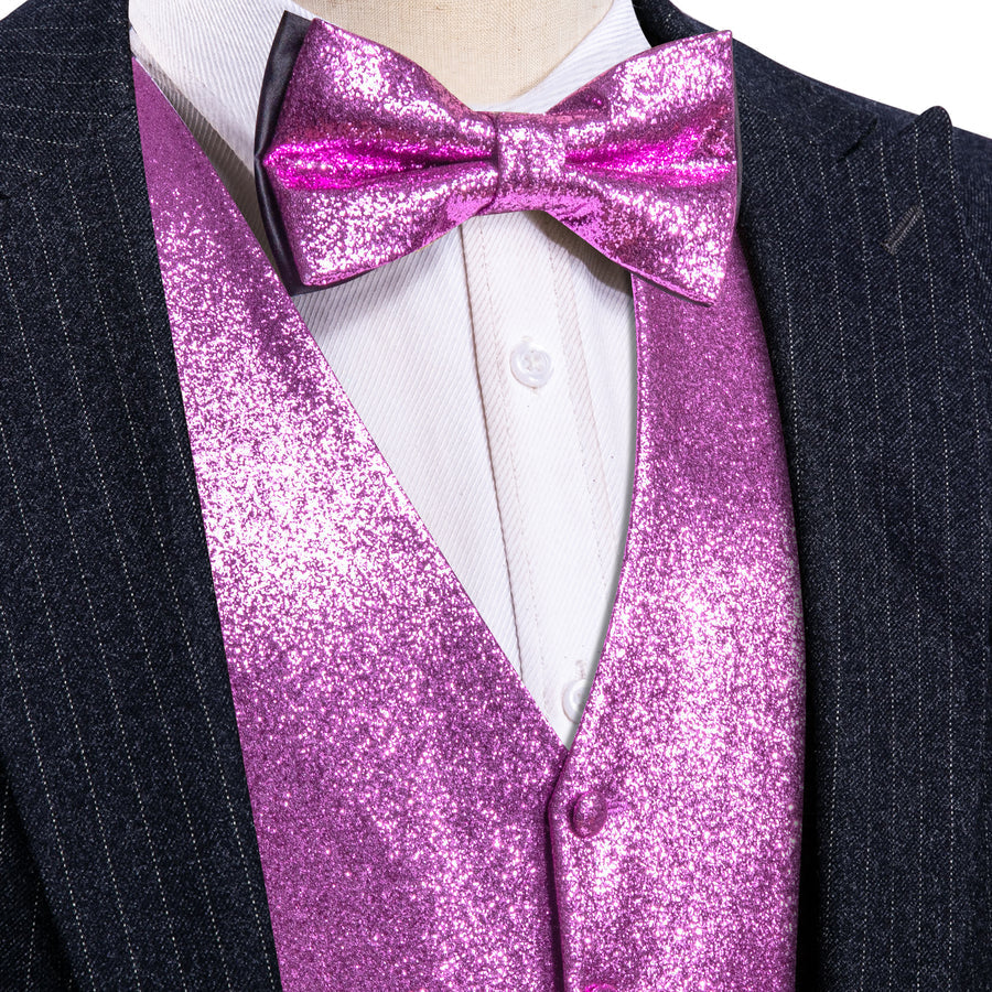 Shining Light Purple Glitter Solid Jacquard Silk Men's Bowtie Vest Set vest set S (Chest 40")   - Sophisticated Gentlemen