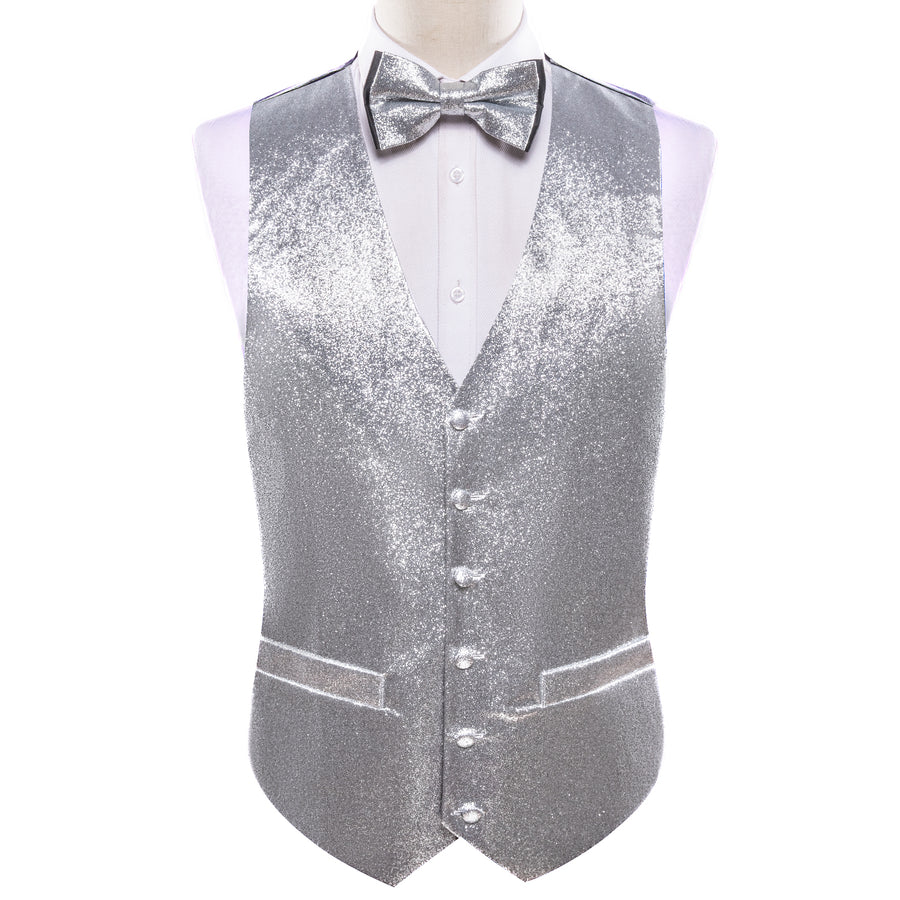 Shining Light Gray Glitter Solid Jacquard Silk Men's Bowtie Vest Set vest set    - Sophisticated Gentlemen