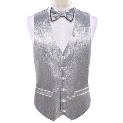 Shining Light Gray Glitter Solid Jacquard Silk Men's Bowtie Vest Set vest set    - Sophisticated Gentlemen