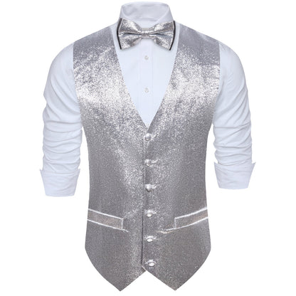 Shining Light Gray Glitter Solid Jacquard Silk Men's Bowtie Vest Set vest set    - Sophisticated Gentlemen