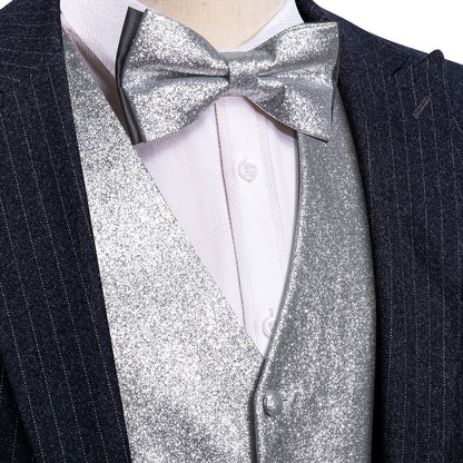 Shining Light Gray Glitter Solid Jacquard Silk Men's Bowtie Vest Set vest set S (Chest 40")   - Sophisticated Gentlemen