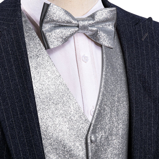 Shining Light Gray Glitter Solid Jacquard Silk Men's Bowtie Vest Set vest set S (Chest 40")   - Sophisticated Gentlemen