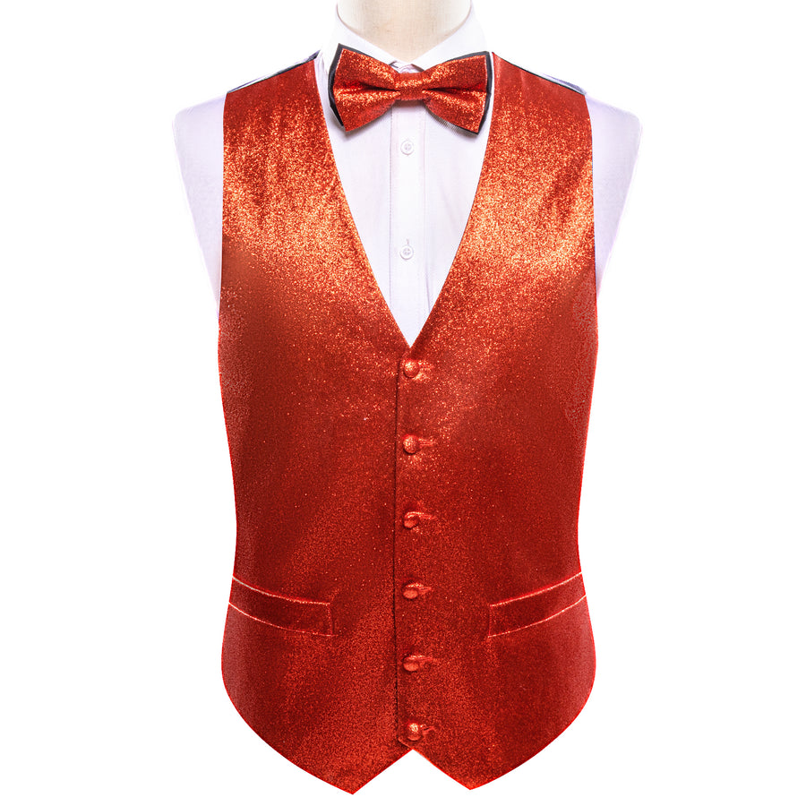 Shining Red Glitter Solid Jacquard Silk Bowtie Vest Set vest set    - Sophisticated Gentlemen