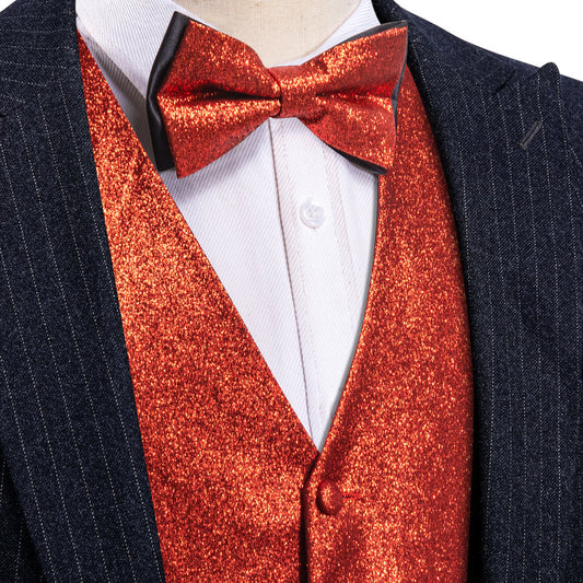 Shining Red Glitter Solid Jacquard Silk Bowtie Vest Set vest set S (Chest 40")   - Sophisticated Gentlemen