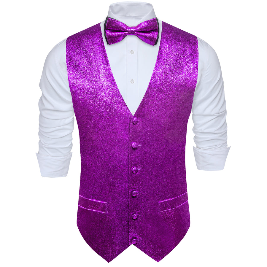 Shining Purple Glitter Solid Jacquard Silk Bowtie Vest Set vest set    - Sophisticated Gentlemen