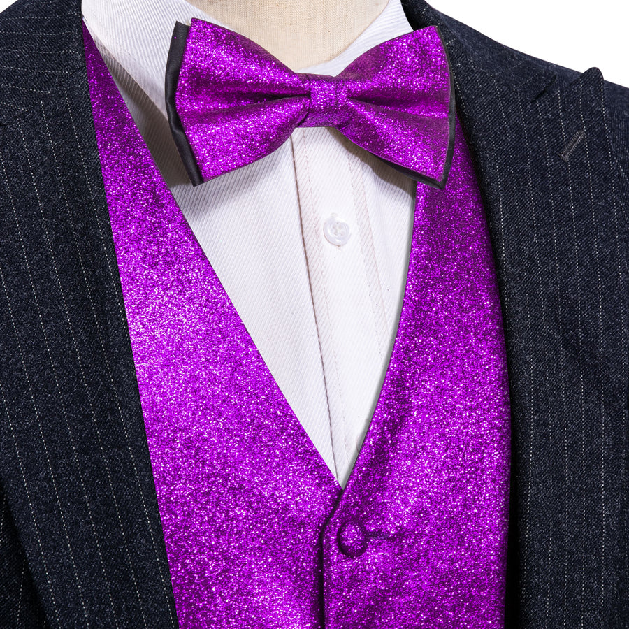 Shining Purple Glitter Solid Jacquard Silk Bowtie Vest Set vest set S (Chest 40")   - Sophisticated Gentlemen