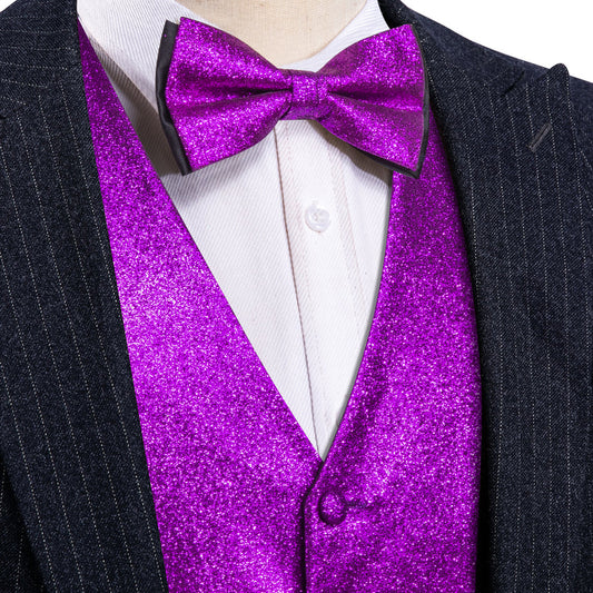Shining Purple Glitter Solid Jacquard Silk Bowtie Vest Set vest set S (Chest 40")   - Sophisticated Gentlemen